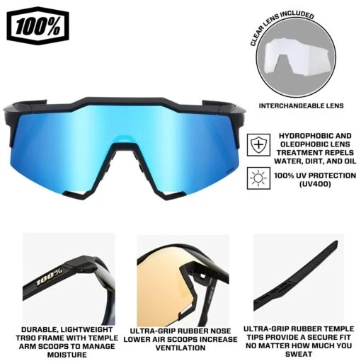 100% Speedcraft Sport Performance Baseball Sunglasses HD Interchangeable Lens (Matte Black - Blue Multilayer Mirror Lens) -Deals Baseball Store 100 60007 00004 bluemultiinfographic2.1