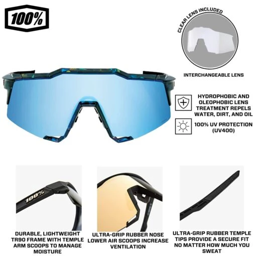 100% Speedcraft Sport Performance Baseball Sunglasses HD Interchangeable Lens (Black Holographic - HiPER Blue Multilayer Mirror Lens) -Deals Baseball Store 100 60007 00022 Hiperblue INFOGRAPHIC2.0