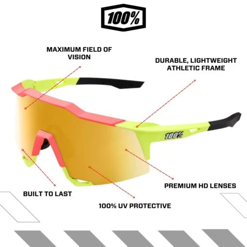 100% Speedcraft Sport Performance Baseball Sunglasses HD Interchangeable Lens (Matte Neon Yellow - Flash Gold Mirror Lens) -Deals Baseball Store 100 61001 264 01 neonyellgold 3