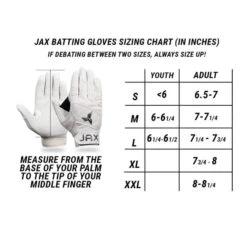 JAX Batting Gloves Pro Model Adult Batting Gloves (Arctic White) -Deals Baseball Store 8 Jax pro model adult batting gloves size chart