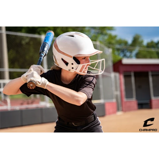 CHAMPRO HX Rise Pro Fastpitch Softball Batting Helmet With Facemask Two-Tone Glossy Finish (White/Rosegold) -Deals Baseball Store CHAMPRO HXRISEHELMET ROSEGOLD LIFESTYLE