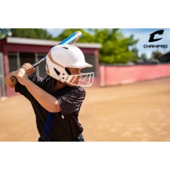 CHAMPRO HX Rise Pro Fastpitch Softball Batting Helmet With Facemask Two-Tone Glossy Finish (White/Rosegold) -Deals Baseball Store CHAMPRO HXRISEHELMET ROSEGOLD LIFESTYLE2