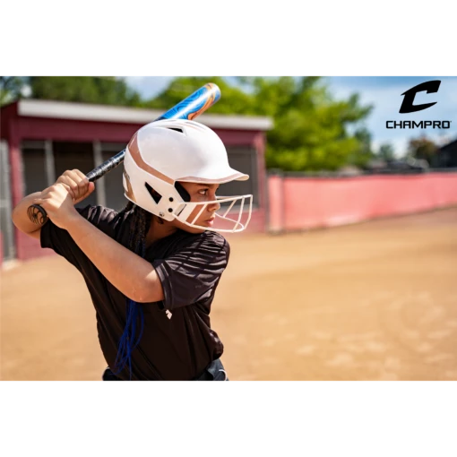 CHAMPRO HX Rise Pro Fastpitch Softball Batting Helmet With Facemask Two-Tone Glossy Finish (White/Rosegold) -Deals Baseball Store CHAMPRO HXRISEHELMET ROSEGOLD LIFESTYLE2