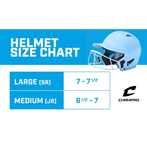 CHAMPRO HX Rise Pro Fastpitch Softball Batting Helmet With Facemask Glossy Finish (Columbia Blue) -Deals Baseball Store CHAMPRO FASTPITCH HELMET WITH FACEMASK SIZE CHART BBLUE