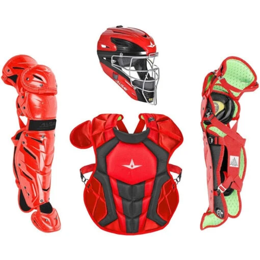 All-Star System 7 Axis Intermediate Baseball Catcher's Set, Chest Protector Helmet Leg Guards (Scarlet/Black) -Deals Baseball Store alstrs7axiscatchingkitages12 16scbl