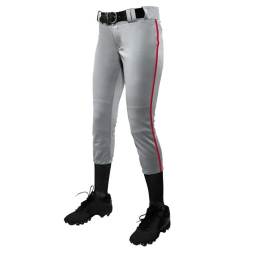 Champro Tournament Traditional Low Rise Womens Fastpitch Pants W/ Braid (Gray / Scarlet) -Deals Baseball Store champro tournament lowrise pants grysc 1