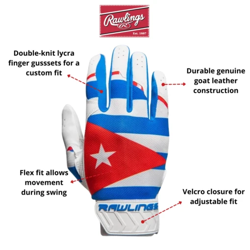 Guardian Baseball X Rawlings 5150 Limited Edition Cuba Flag Baseball Batting Gloves Adult Sizes(Blue/White/Red) -Deals Baseball Store cuba